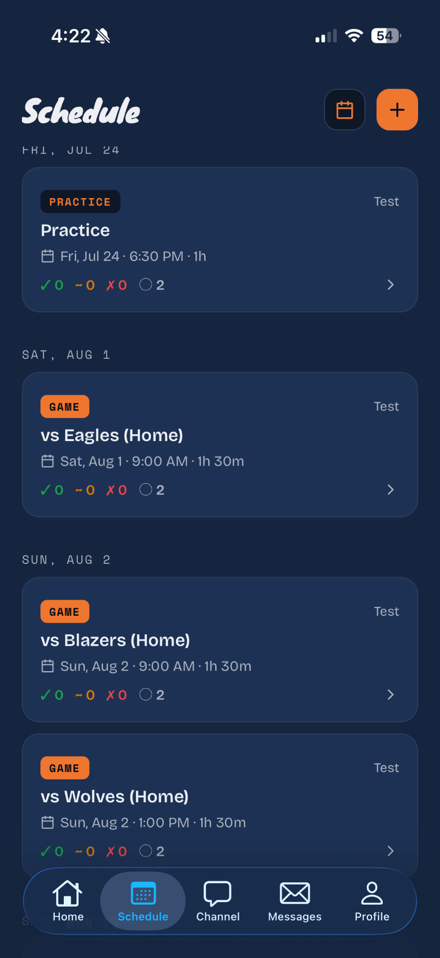 App screenshot — Schedule & RSVPs