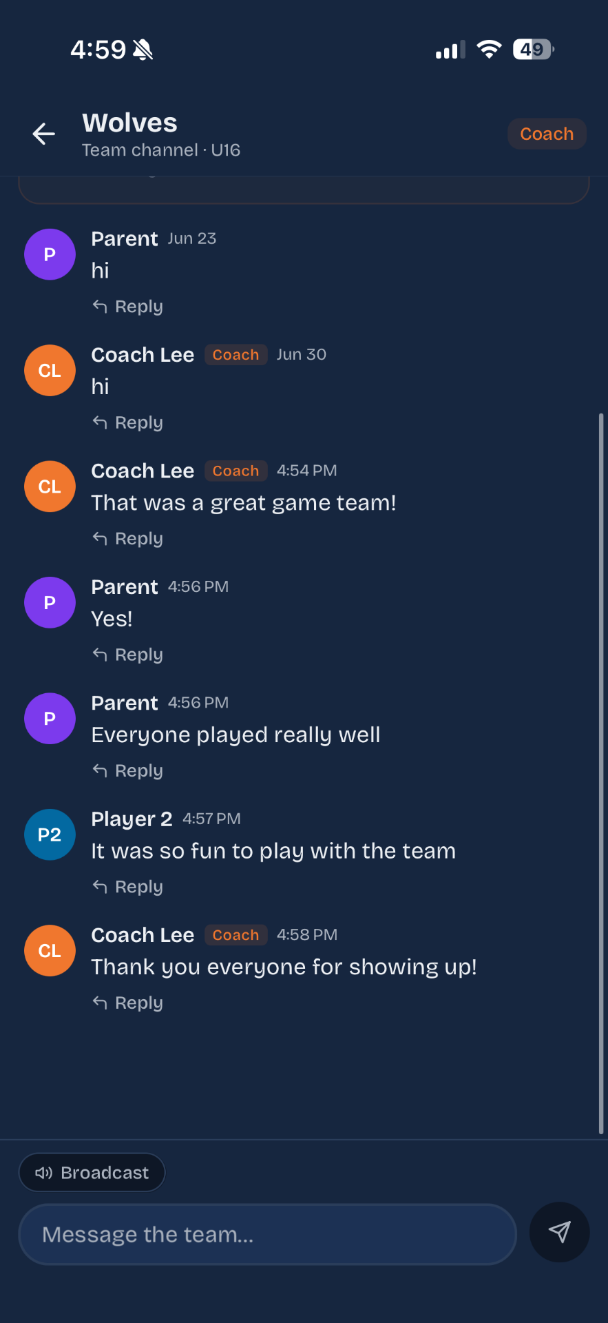 App screenshot — Team chat